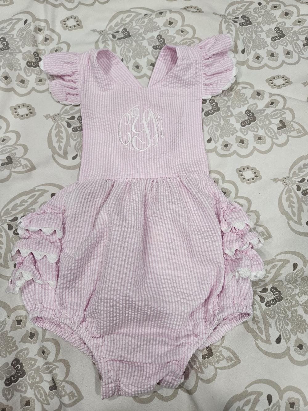 Hannah Pink Seersucker Infant Romper with Ruffle Straps